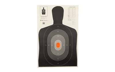 Action Target B-27E Pros Target, Shaded Scoring Rings Starting Outside And Going Dark To Light With A Bright Orange Center