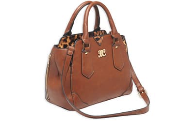 Bulldog Cases Satchel Style Purse, Leather, Universal Fit Holster Included, Chestnut w/Leopard Trim