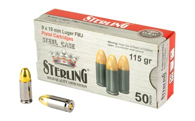 Sterling Steel Case, 9MM, 115 Grain, Full Metal Jacket, 50 Round Box