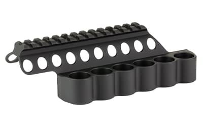 Mesa Tactical SureShell, 6-Shell Side Saddle with 5 1/2" Rail Fits Beretta 1301 Competition, 12 Gauge, Aluminum, Matte Finish, Black