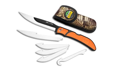 Outdoor Edge Razorwork, Folding Knife, Plain Edge, Black Oxide Finish, 420J2 Stainless Steel, Orange Handle, Includes (2) Boning/Filet Knives