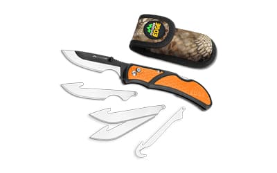 Outdoor Edge Razorcape, Folding Knife, Plain Edge, 3" Blades, Black Oxide Finish, 420J2 Stainless Steel, Orange Handle, Includes (2) Caping Blades