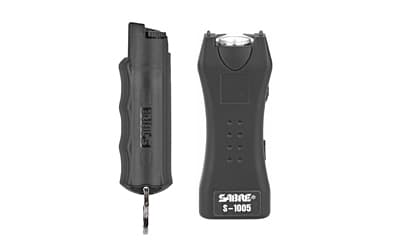 Sabre Stun Gun and Pepper Spray Package, Black Color, Stun Gun w/ Built-In 120 Lumen Flashlight, Twist Top Pepper Spray