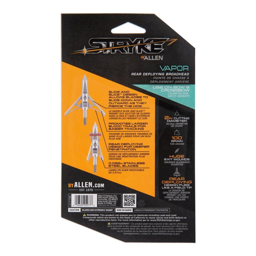 Allen Stryke Vapor Rear Deploying Broadhead 2 Blade 100 Grain 3/ct