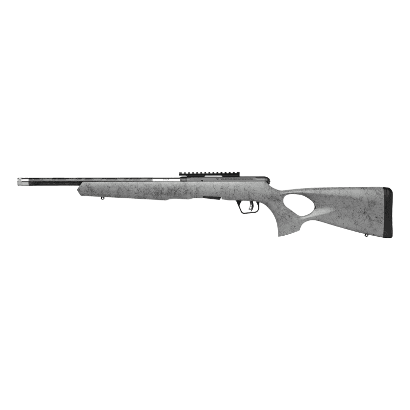 Savage B22 Magnum Timberlite Thumbhole Rifle .22 WMR 10rd Magazine 18" 1/2x28 Threaded Barrel Grey with Black Spiderweb