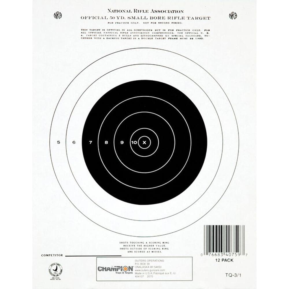 Champion Official NRA Paper Targets GTQ-3/1 50 yd Small Bore Rifle Single Bull 12/ct