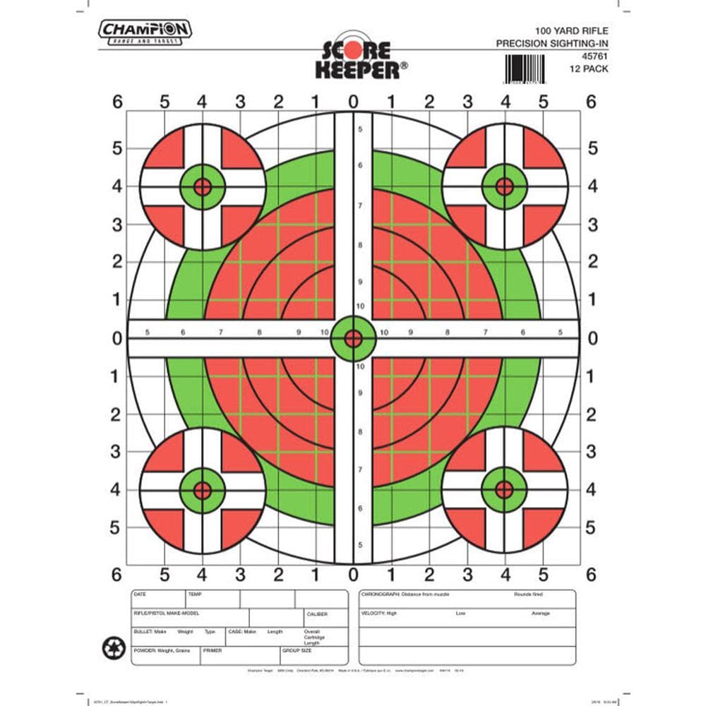 Champion Scorekeeper Paper Targets Fluorescent Orange Green Bull 100 yd. Rifle Sight-In 12/ct