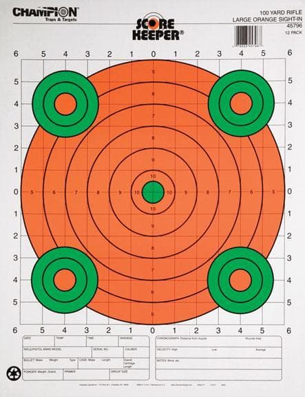 Champion Scorekeeper Targets Fluorescent Orange & Green Bull - 100 yd. Rifle Sight-In 12/Pack