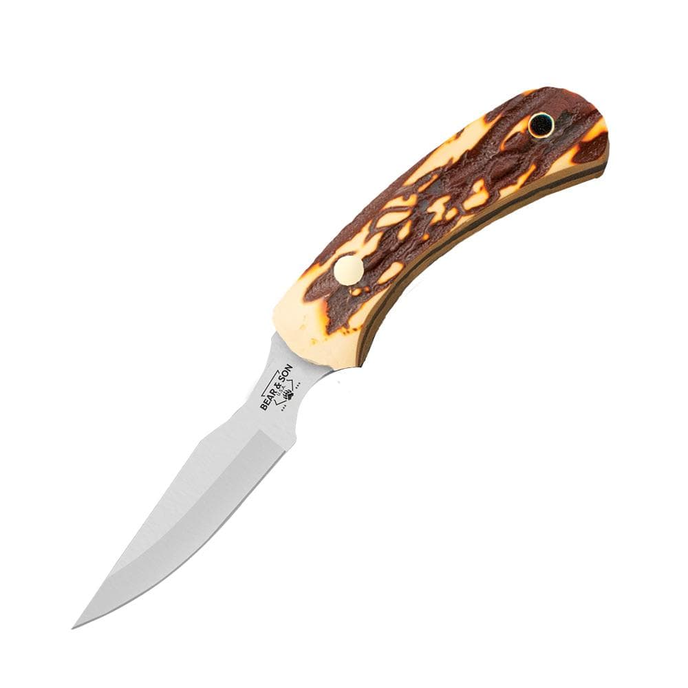 Bear & Son Ergonomic Caper Fixed Knife 2-1/2" Clip Point Blade Stag Delrin with Leather Sheath