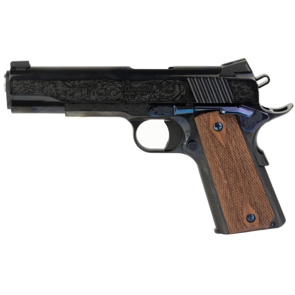 Standard Mfg 1911 Handgun .45 ACP 7rd Magazine 5" Barrel Black and Royal Blue Engraving with Brown Grips