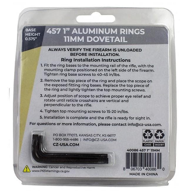 CZ Rings 457 455 1" 11mm Dovetail Aluminum Base Height 0.575"