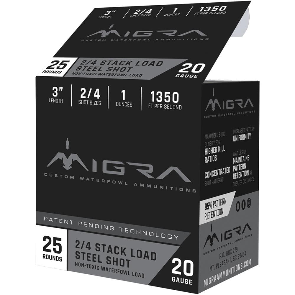 Migra Waterfowl Steel Shot Shotshell 20 ga 3" 1 oz 1350 fps #2 #4 25/ct