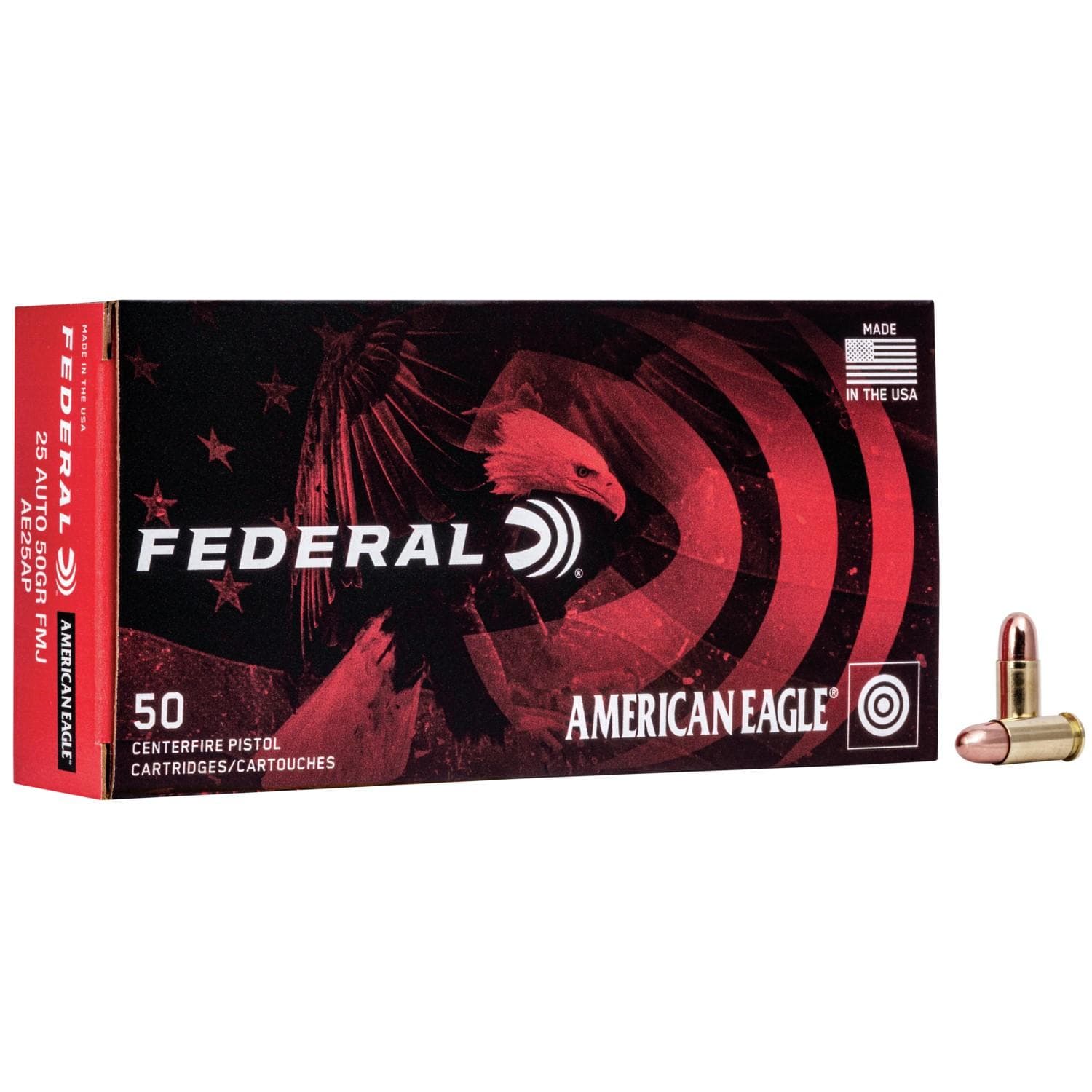 American Eagle Handgun Ammunition .25 ACP 50 gr FMJ 760 fps 50/rd