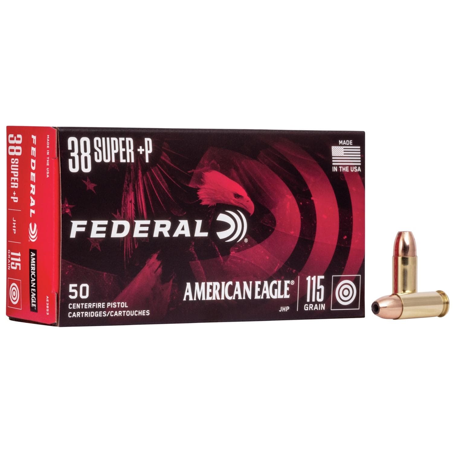 American Eagle Handgun Ammunition .38 Super (+P) 115 gr JHP 1130 fps 50/rd