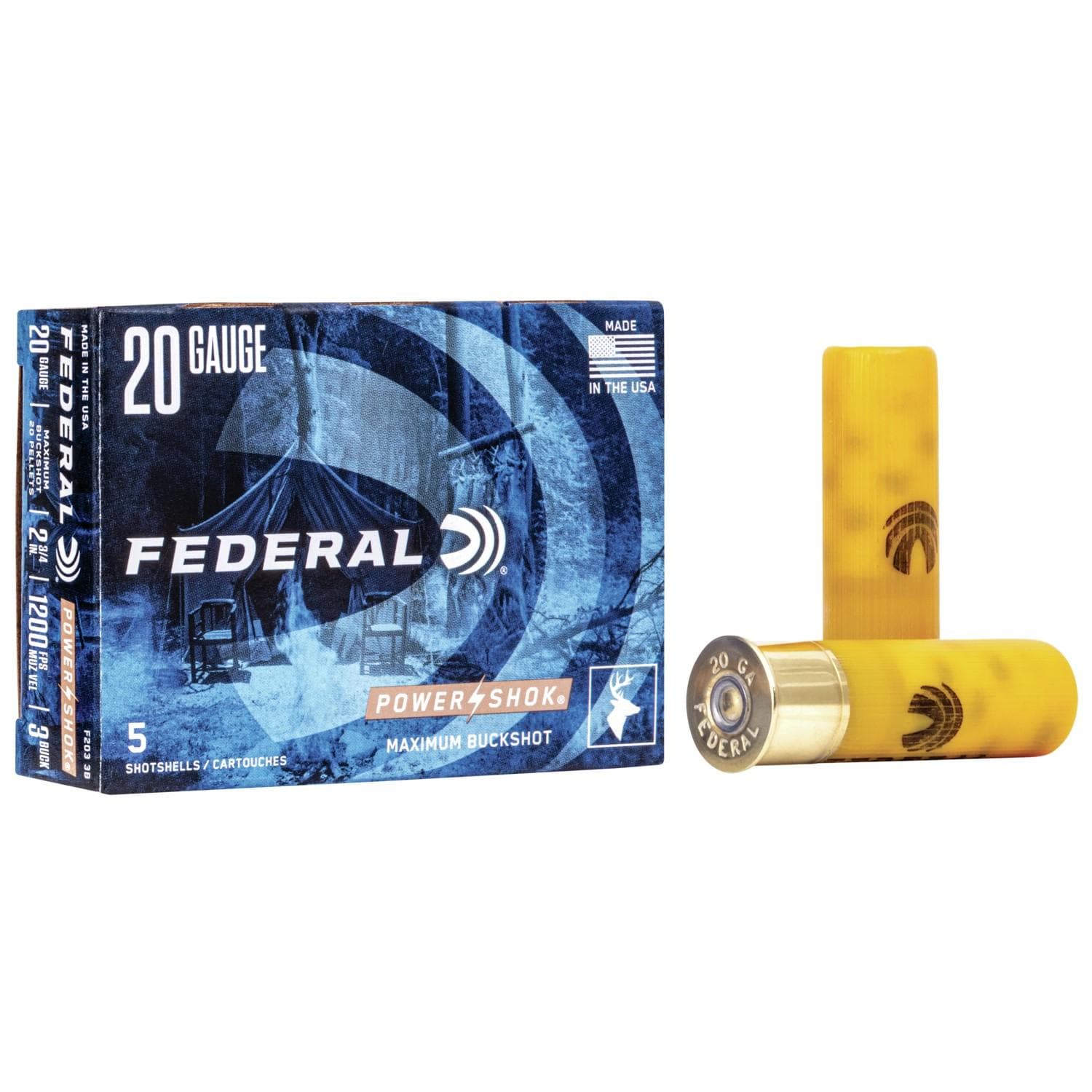 Federal Power-Shok Buckshot 20 ga 2 3/4" MAX 20 plts #3B 1200 fps - 5/box