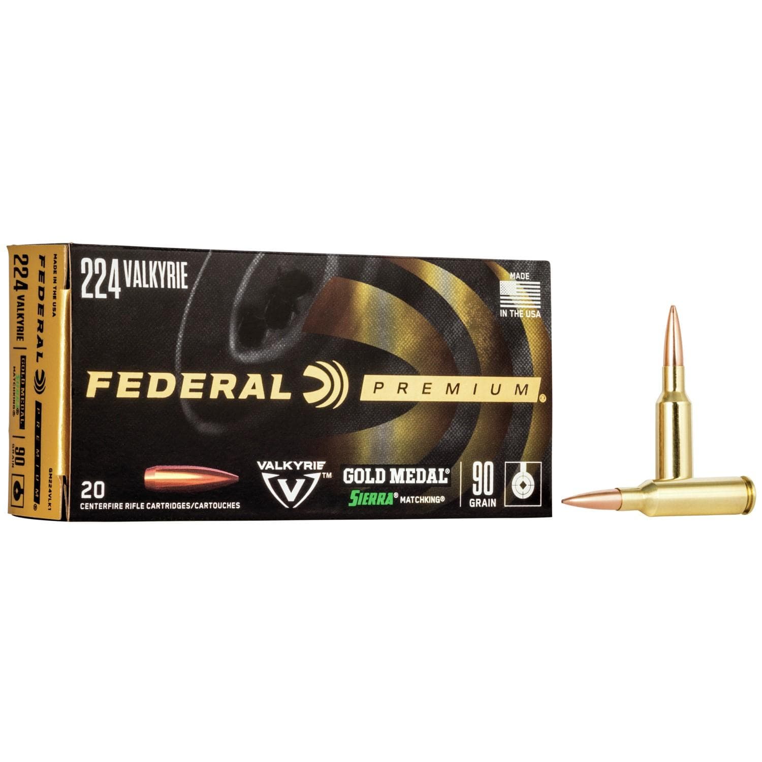 Federal Premium Gold Medal Sierra Matchking Ammunition .224 Valkyrie 90 gr 2700 fps BTHP 20/ct