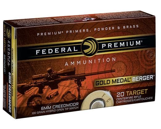 Federal Gold Medal Berger Hybrid Rifle Ammunition 6mm Creedmoor 105gr BTHP 3025 fps 20/ct