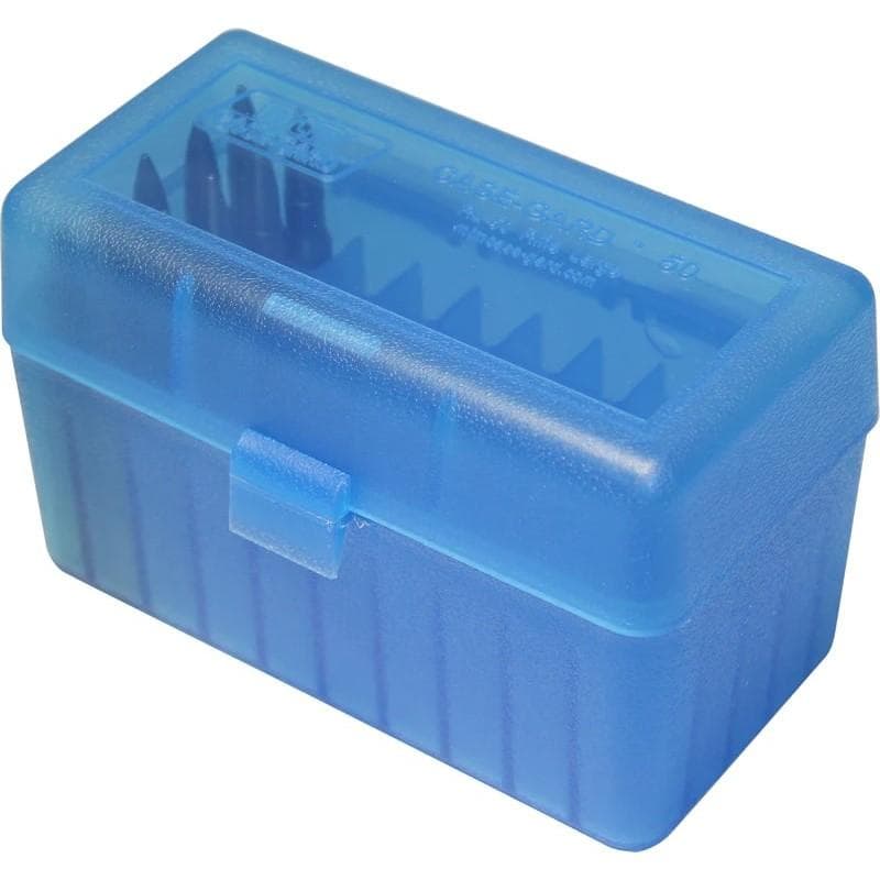 MTM Case-Gard R-50 Series Rifle Ammo Box .375 Rem UM .375 Wby Mag 50 Rounds Clear Blue