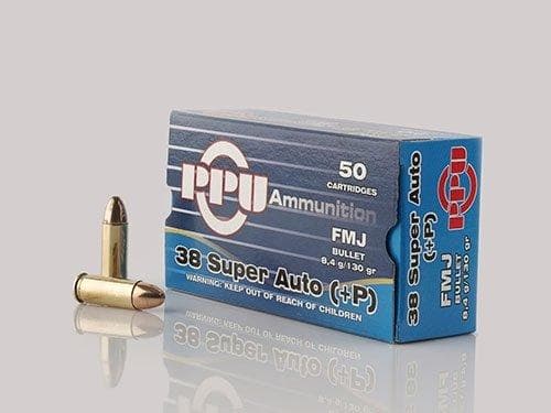 PPU Handgun Ammunition .38 Super Auto+P 130 gr FMJ 1213 fps 50/ct