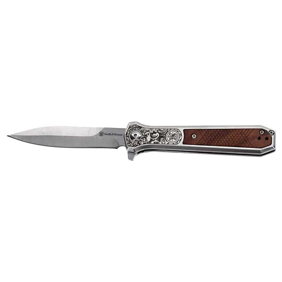 Smith & Wesson KT Unwavered Spring Assist Folding Knife 3-1/5" Dagger Blade Silver with Brown