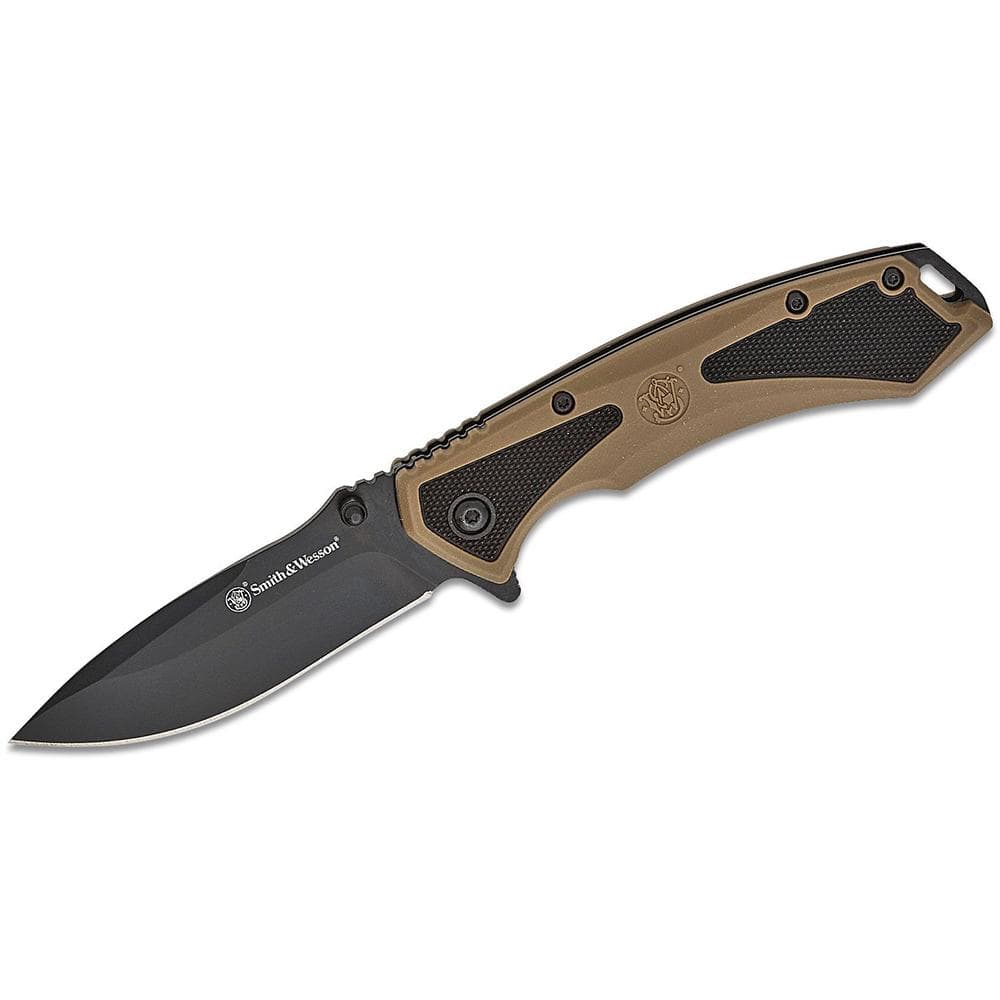 Smith & Wesson Extreme Ops Spring Assist Folding Knife 3-1/4" Drop Point Blade Black Tan Box