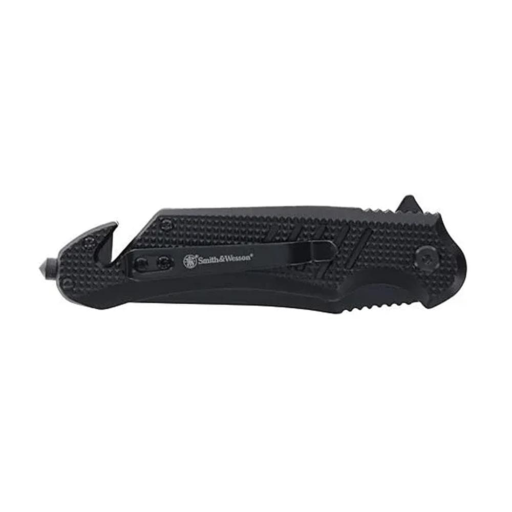 Smith & Wesson Extreme Ops Folding Knife 3-1/2" Clip Point Blade Black with Glass Breaker and Strap Cutter