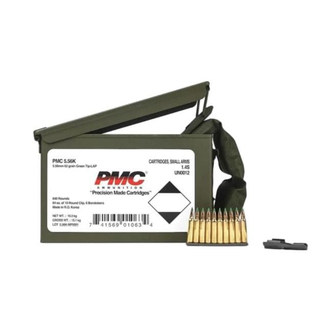 PMC Rifle Ammunition 5.56 NATO 62 gr Green Tip 2920 fps 1680/ct w/Bandoleer Metal Box (2-Metal Boxes) 1680/ct Total