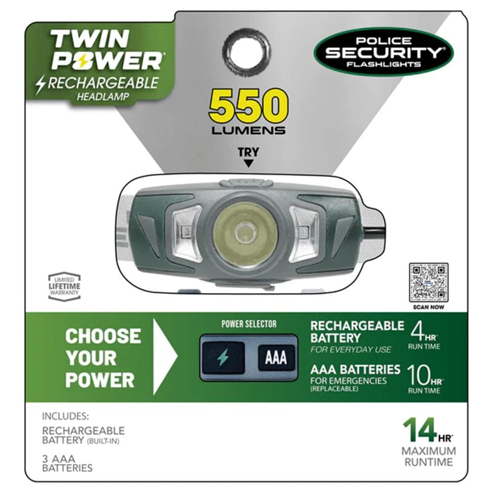 Police Security Flashlights Twin Power LED Headlamp 550 Lumens White Grey