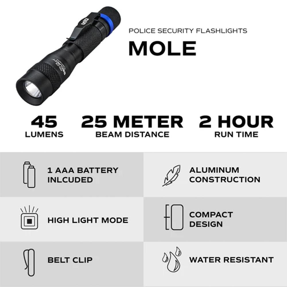 Police Security Flashlights Mole Flashlight 45 Lumens Black