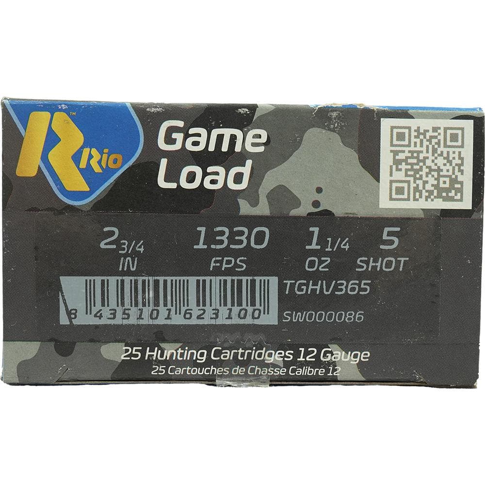 Rio Top Game HV Shotshells 12 ga 2 3/4" 3 3/4 dr 1 1/4 oz #5 1330 fps 25/ct