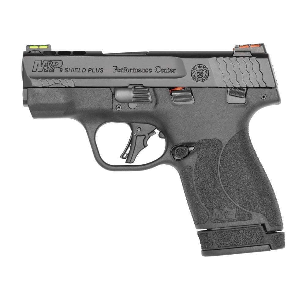 S&W Performance Center M&P 9 Shield Plus 9mm Luger 10rd & 13rd Magazines (2) 3.1" Ported Barrel Black Fiber Optic Sights Manual Thumb Safety