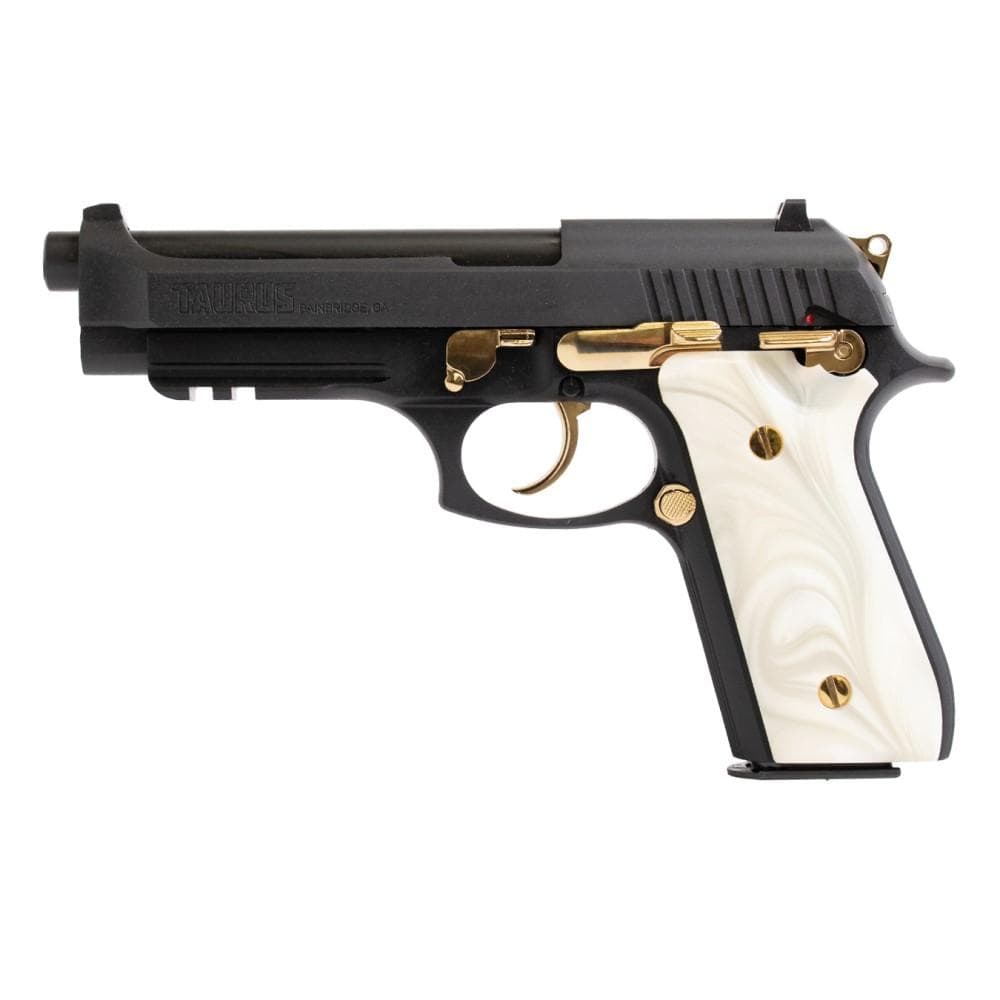 Taurus PT92 Handgun 9mm Luger 17rd Magazines (2) 5" Barrel Black with Pearl Grips and Gold Accents
