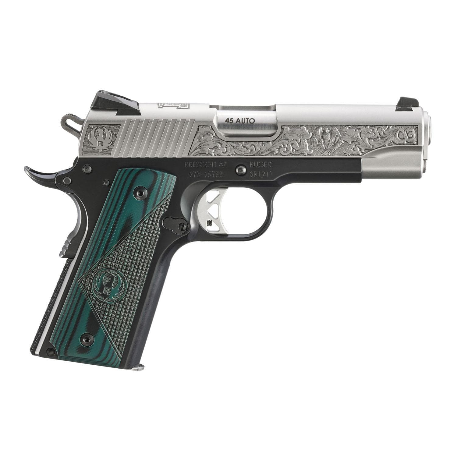 Ruger SR1911 "271 Cardwell Rd." Street Edition Handgun 45 Auto 7rd Magazines(2) 4.25" Barrel Engraved Frame G10 Grips