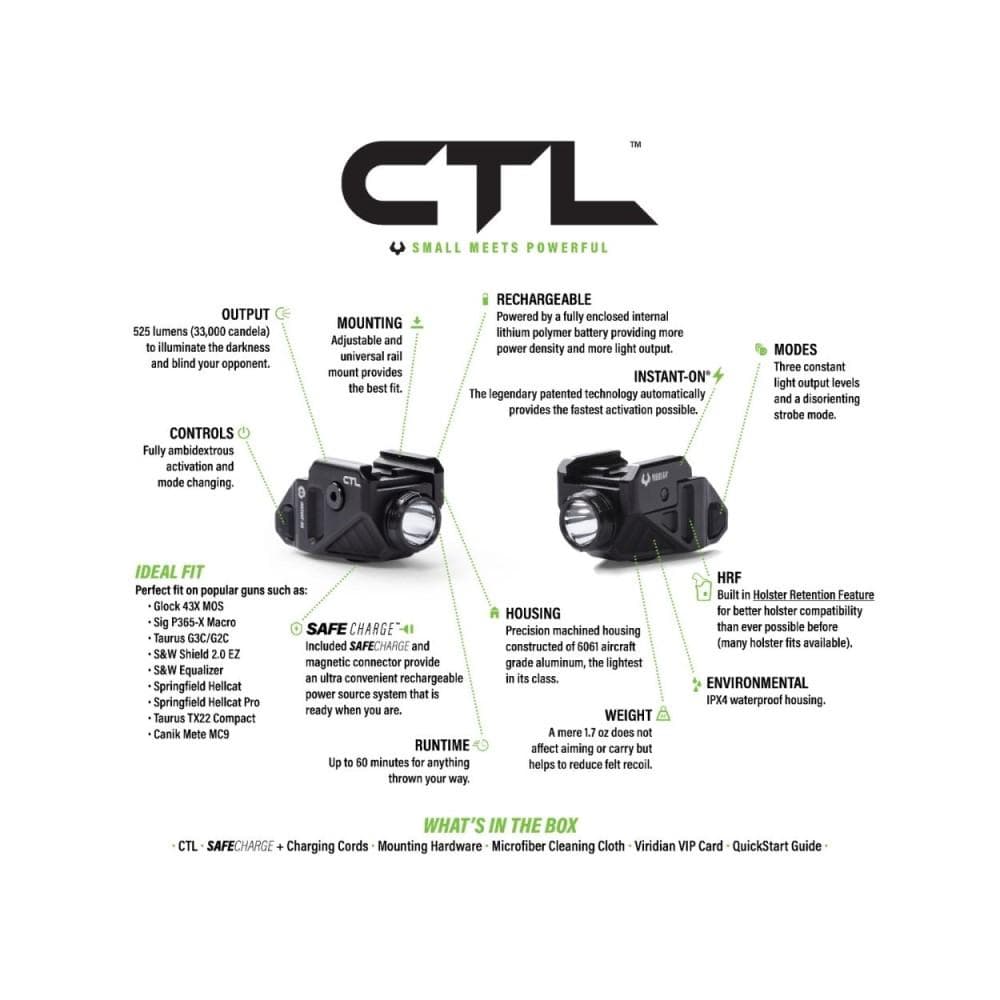 Viridian CTL Handgun Weapon Light 525 Lumens w SAFECharge