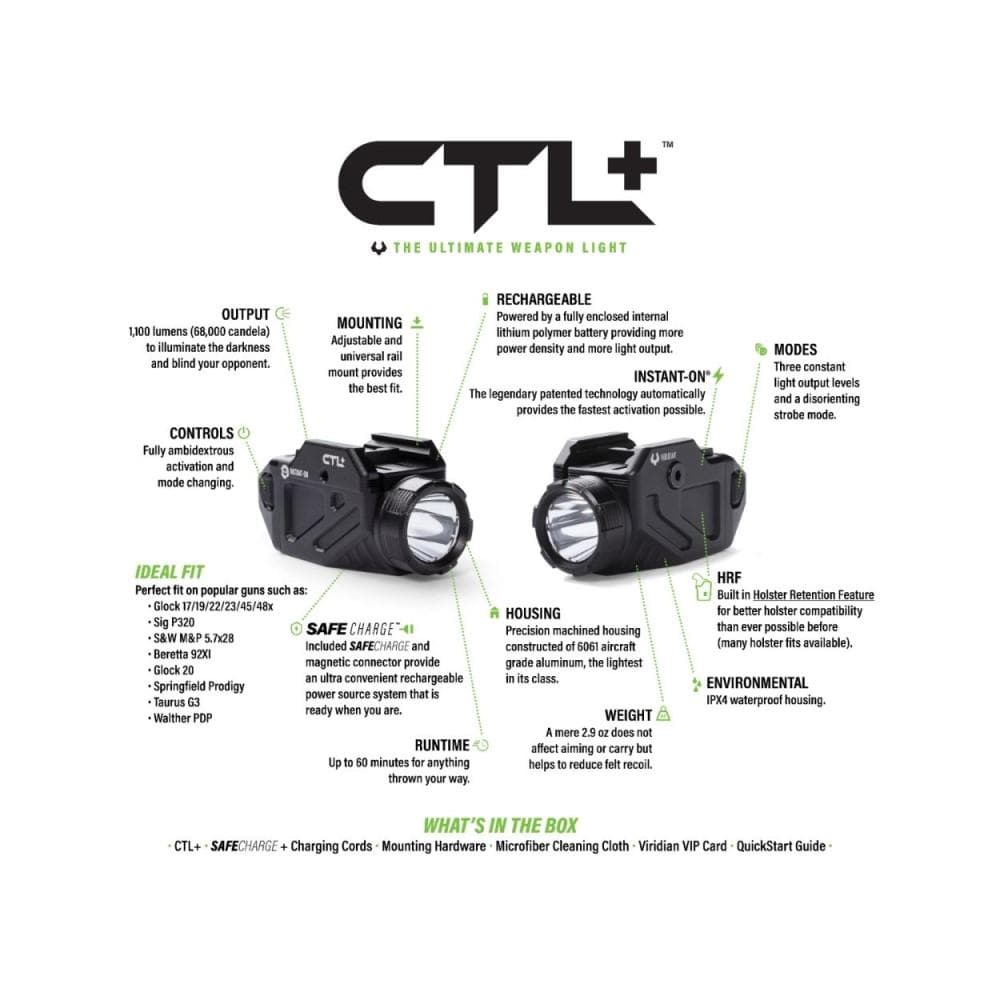 Viridian CTL+ Handgun Weapon Light 1100 Lumens with SAFECharge