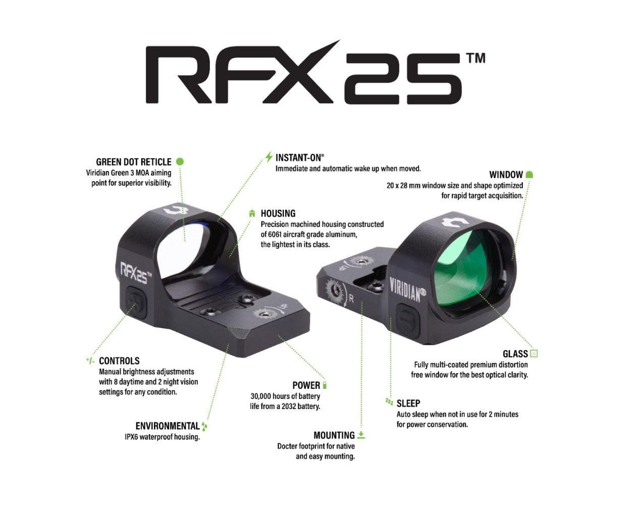 Viridian RFX25 1x20 Micro Green Dot Reflex Sight - DOCTER Mounting pattern INSTANT-ON
