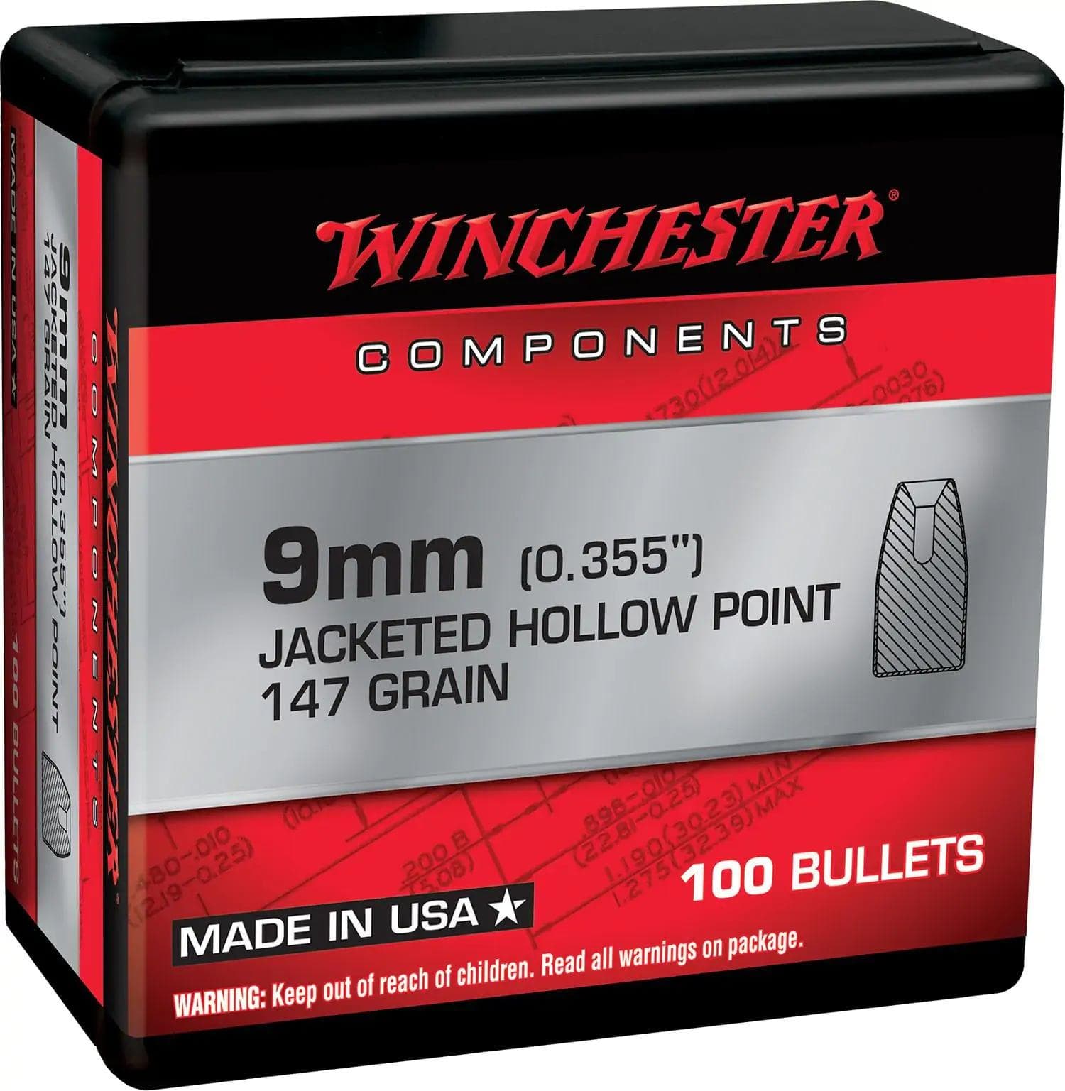 Winchester JHP Bullets 9mm .355" 147gr 100/ct