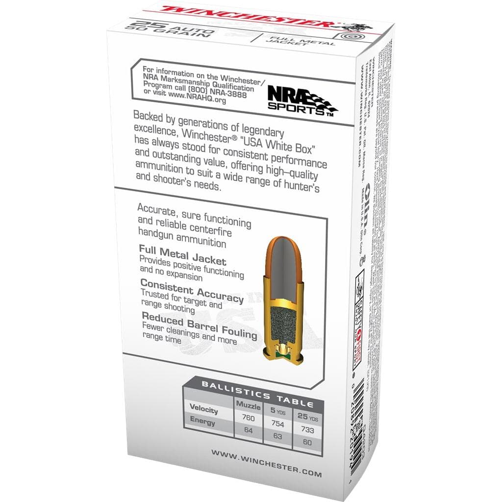 Winchester USA Handgun Ammunition .25 ACP 50 gr FMJ 50/ct