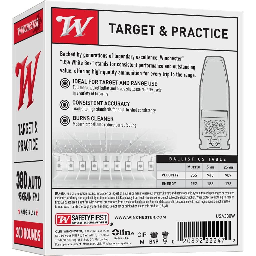 Winchester Government Handgun Ammunition .380 ACP 95 gr. FMJ 955 fps 200/ct