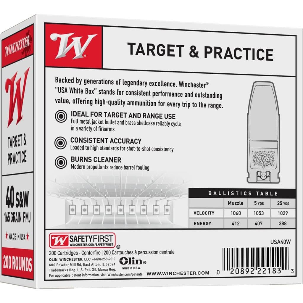 Winchester Target Handgun Ammunition .40 S&W 165 gr. FMJ 1060 fps 200/ct