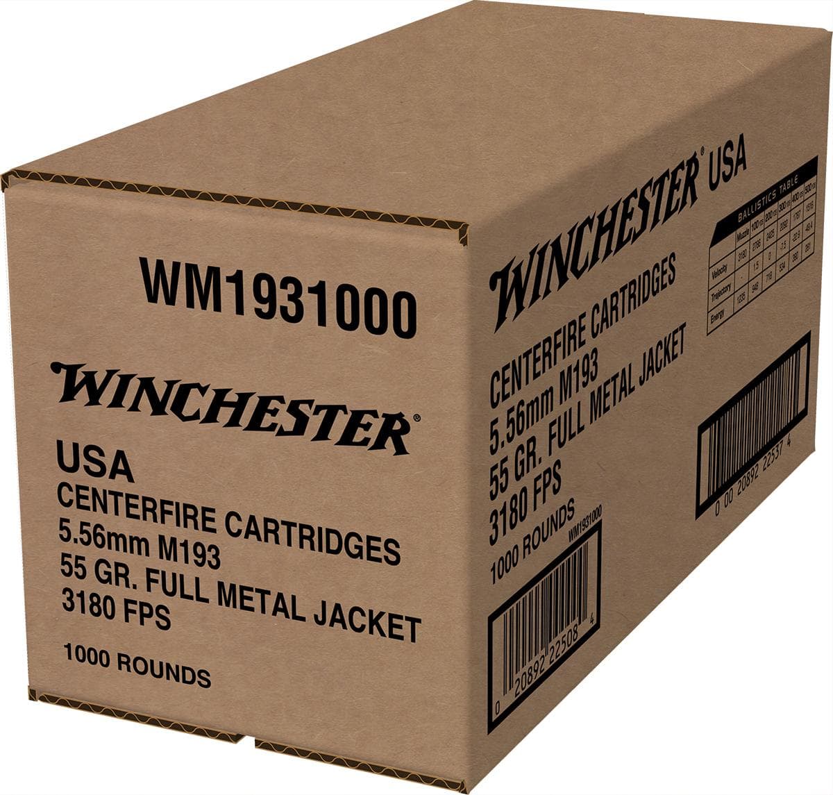 Winchester USA Lake City M193 Rifle Ammunition 5.56mm 55 gr. FMJ 3180 fps 1000/ct (Bulk)