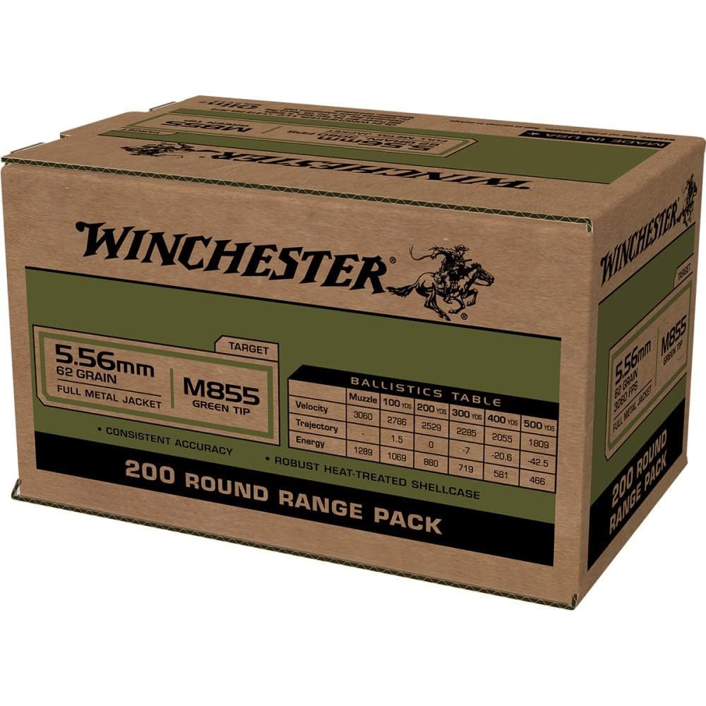 Winchester USA Lake City M855 Green Tip Rifle Ammunition 5.56mm 62 gr. FMJ 3060 fps 200/ct