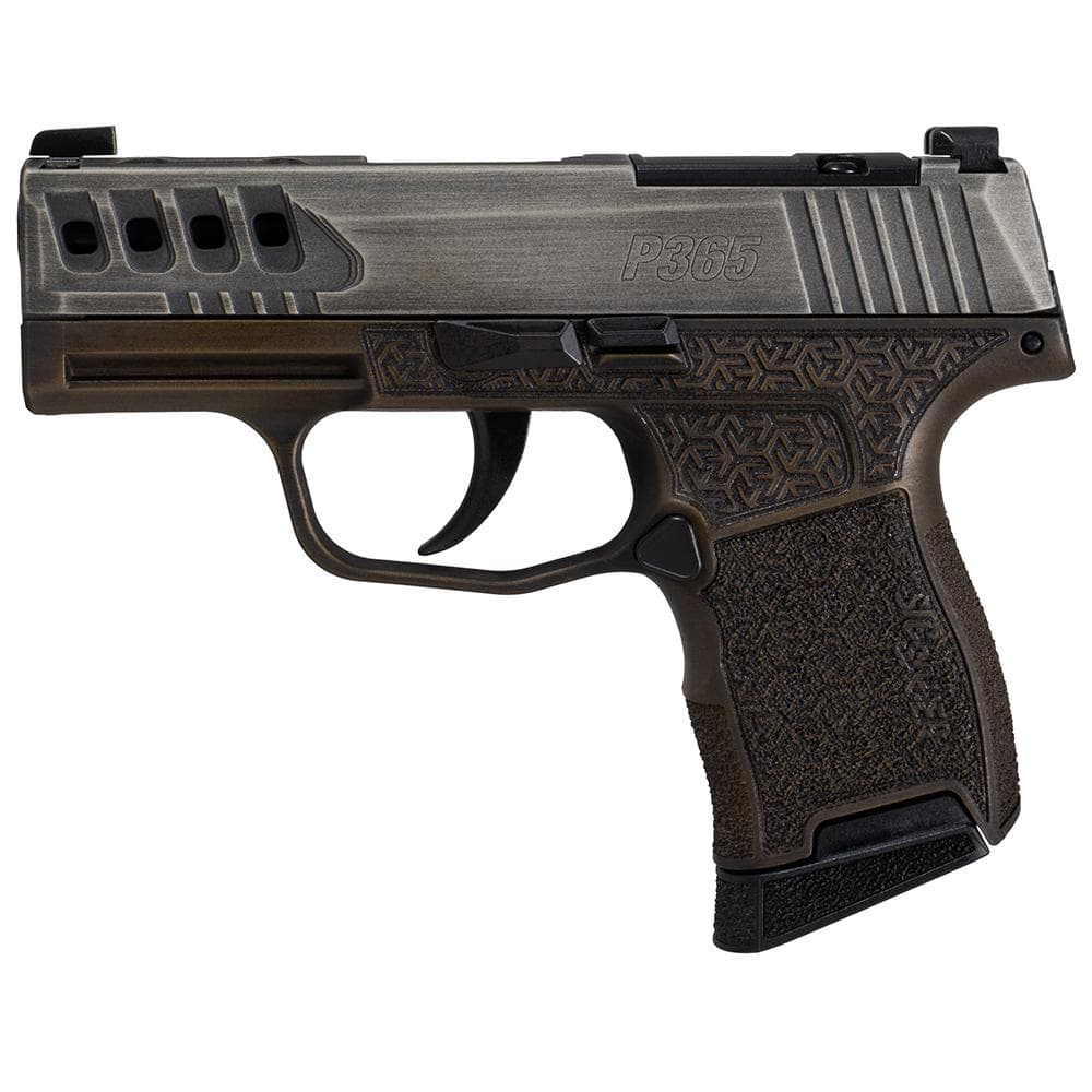 Sig Sauer P365 "Gold Bug" Handgun 9mm luger 10rd Magazines(2) 3.1" Black Barrel Tactical Cut Distressed Grey Slide/Brown Grip Octagon Stippling