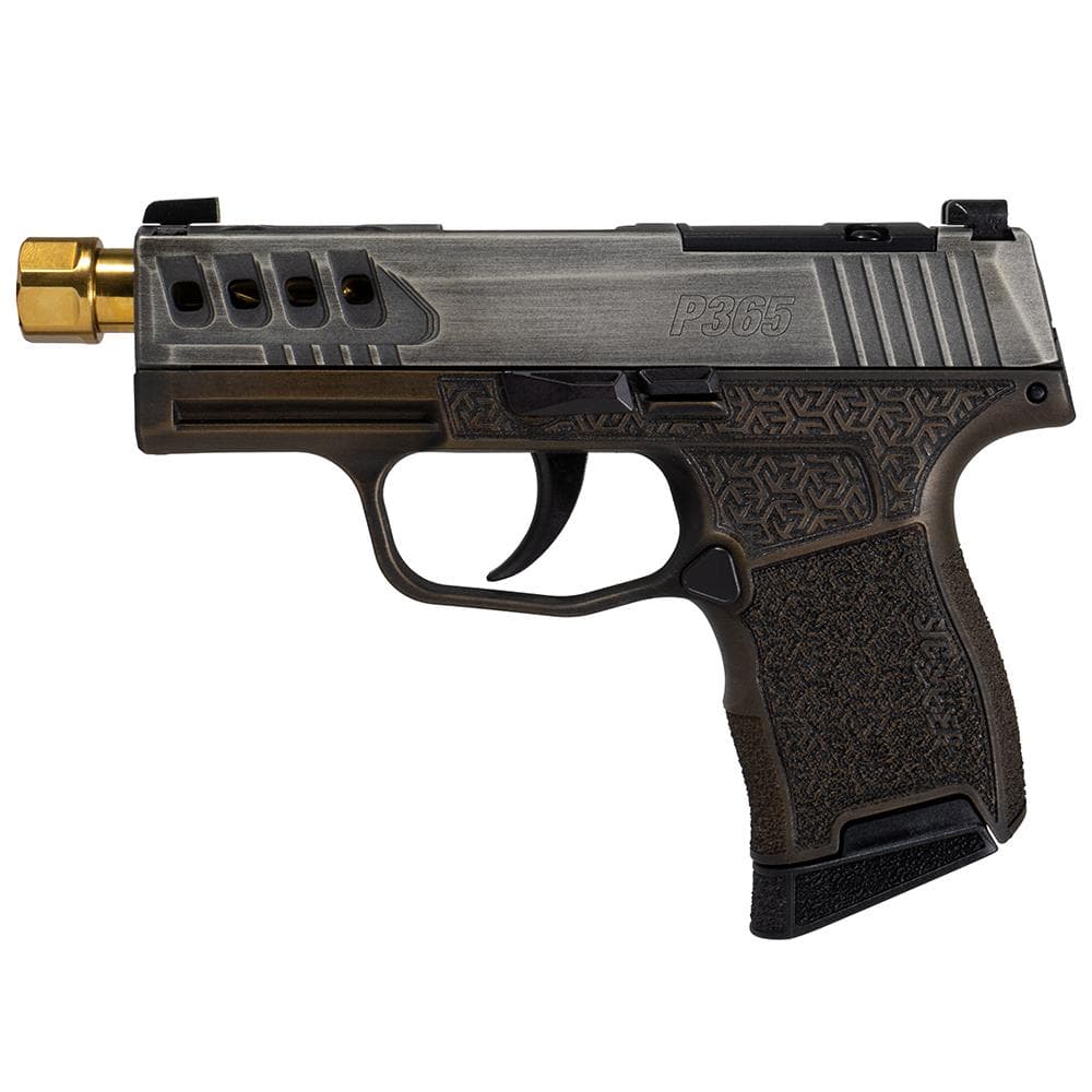 Sig Sauer P365 "Gold Bug" Handgun 9mm luger 10rd Magazines(2) 3.7" Threaded Gold Barrel Tactical Cut Distressed Grey Slide/Brown Grip Octagon Stippling