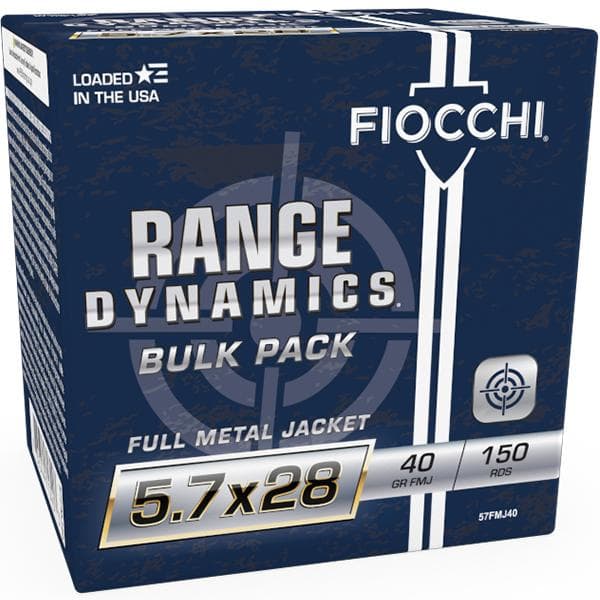 Fiocchi Range Dynamics Handgun Ammunition 5.7x28 FN 40gr FMJ 1700 fps 150/ct