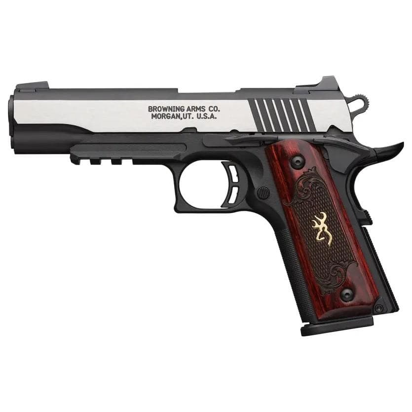 Browning 1911 380 Black Label Medallion Pro Handgun 380 ACP 8rd Magazine 3.625" Barrel Black with Silver Slide and Wood Grip 3-Dot Sights Accessory Rail