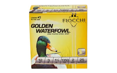 Fiocchi Ammunition Golden Waterfowl, 12 Gauge, 3", #2, Steel Shot, 25 Round Box