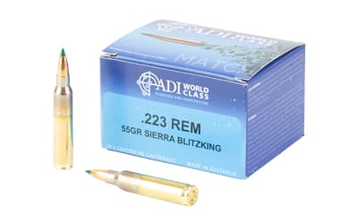 ADI World Class Ammunition Match, Sierra BlitzKing Boat-Tail, 223 Remington, 55 Grain, Brass Cased, 20 Round Box