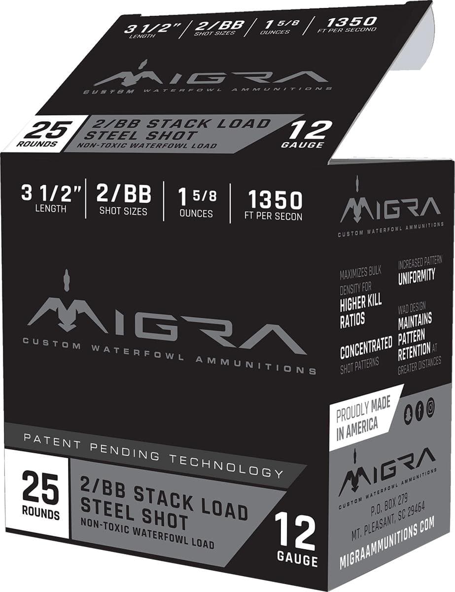 Migra Waterfowl Steel Shot Shotshell 12ga 3-1/2" 1-5/8 oz 1350 fps 2-BB 25/ct