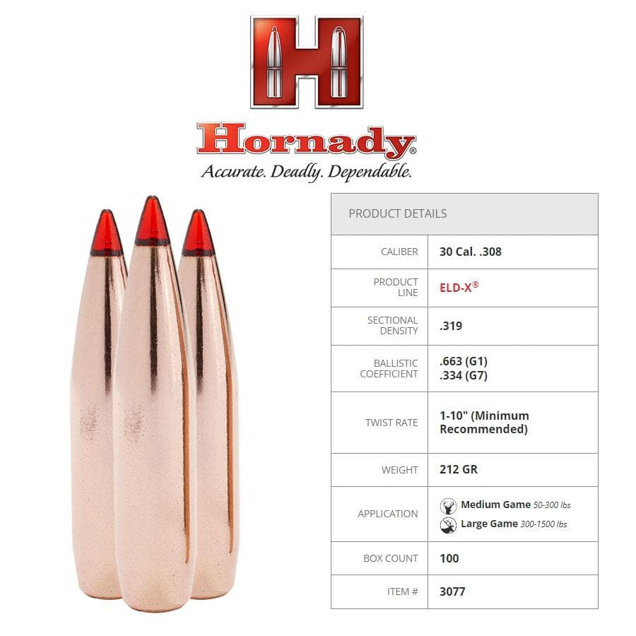 Hornady ELD-X Bullets with Heat Shield Tip .30 cal .308" 212 gr 100/ct